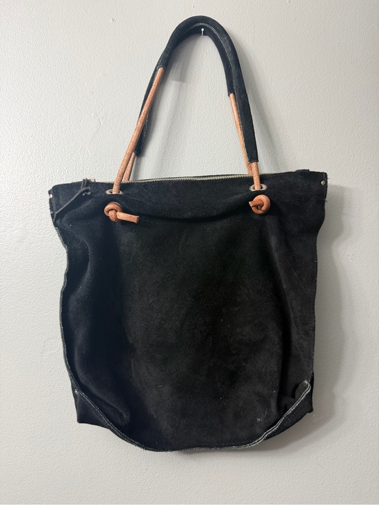 Dean Handbags - Dean Black Suede Tote Bag with Tan Handle Accents